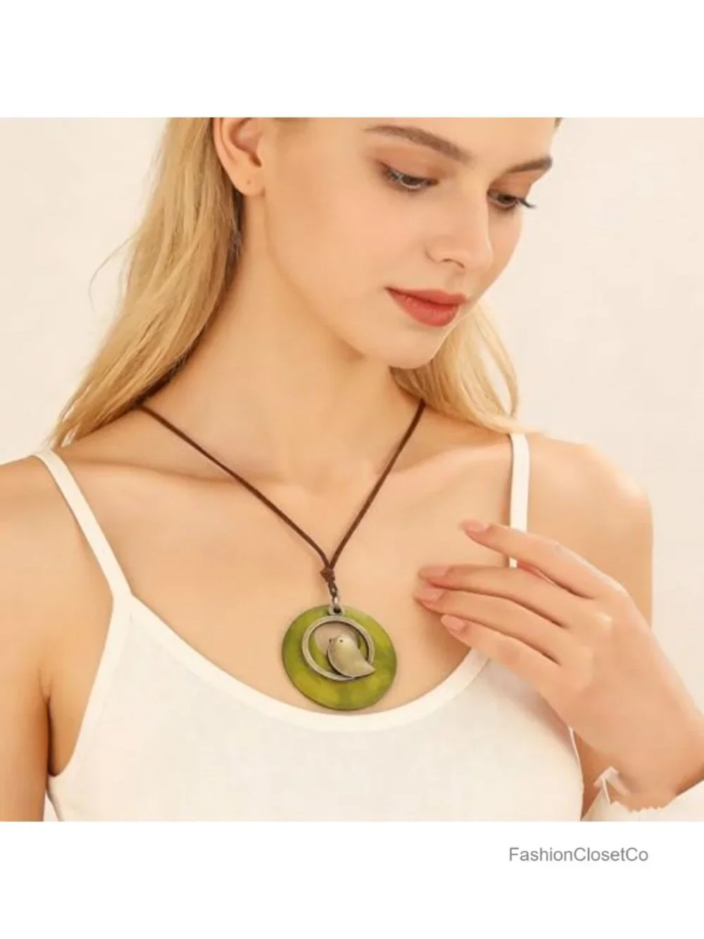 Boho Handmade Wood Pendant Necklace Women Vintage Alloy Leather Adjustable